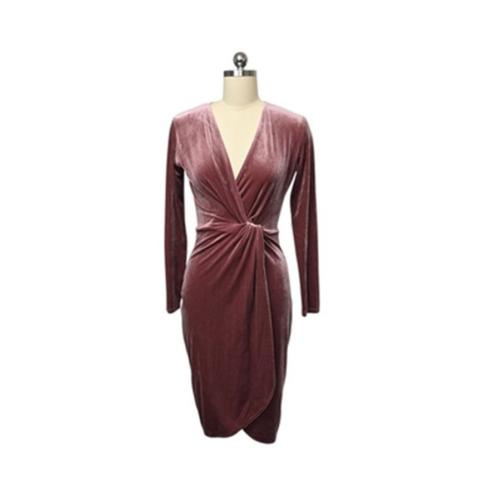 Ivy City Dress Womens‎ XS Mauve Pink Velvet Wrap Long Sleeve Twist Knot Midi